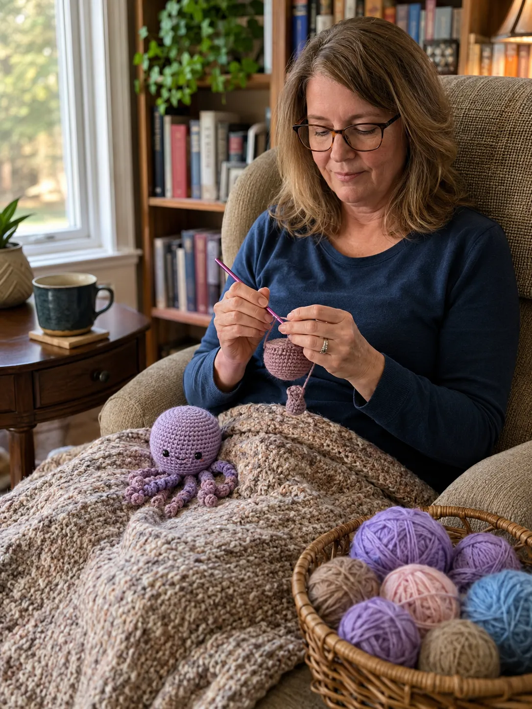 Yarn, a finished crochet friend, and making by hand