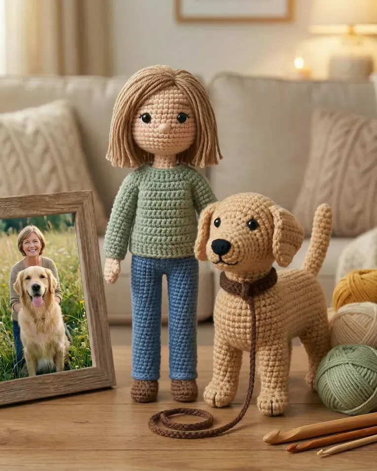 Framed photo of a woman and her golden retriever beside the crochet girl and dog made from it